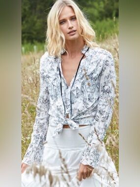 Cinco Toile Off Ruffled Button Down